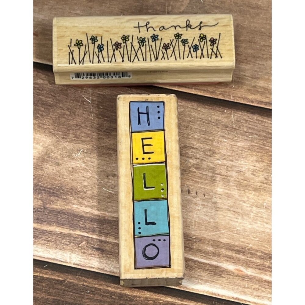 2006 STUDIO G HELLO & THANKS WOOD MOUNTED RUBBER STAMP SET OF 2 BY KOLETTE HALL